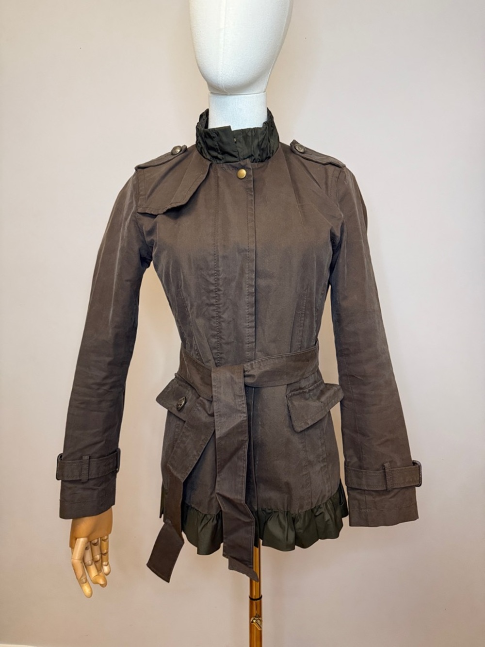 Banana Republic Belted Ruffle Hem Military Utility Jacket - Olive Green